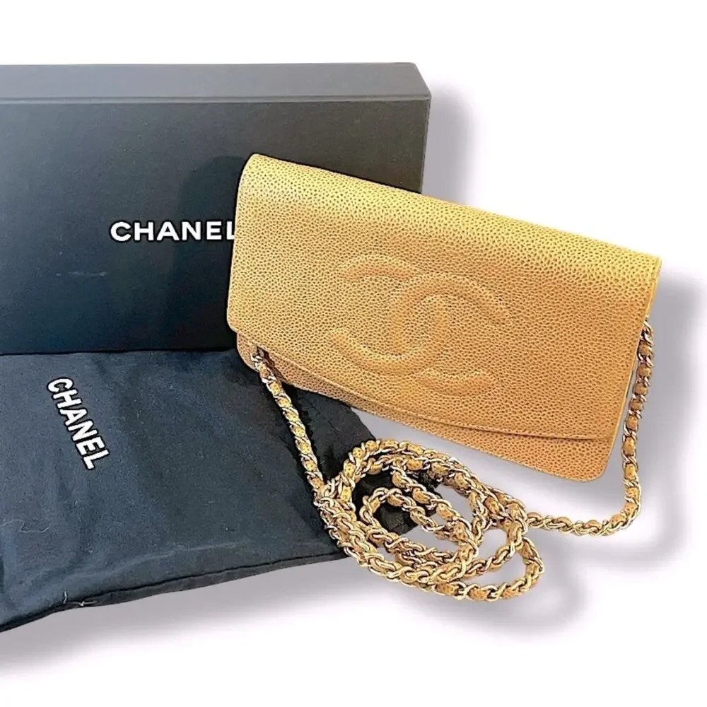 CHANEL AUTH Tan Leather Cavier Shoulder or Crossbody Bag with Gold Chain